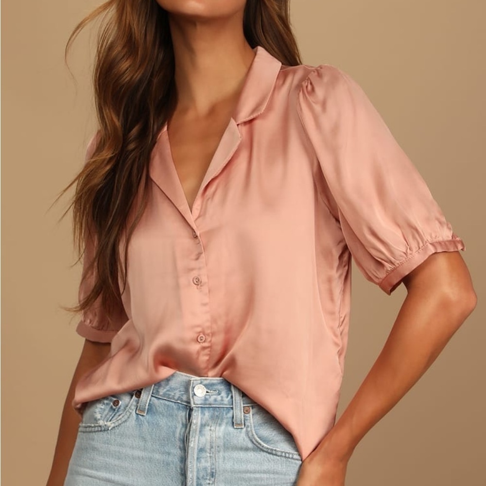 Lulus Sweet and Chic Dusty Pink Satin Button-Up Short Sleeve Top - Picture 2 of 11